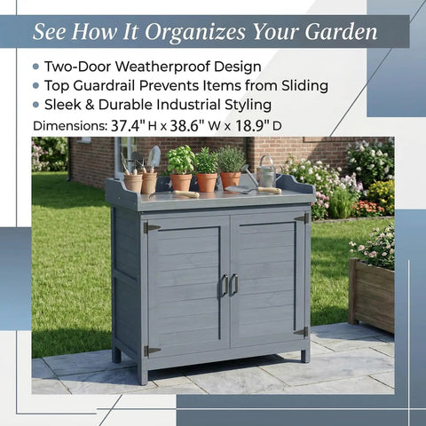 All Weather Wood Garden Storage Cabinet with Built In Workbench and Potting Table placed in outdoor patio setting