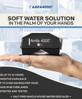Hand holding Amfa 4000, a Magnetic Salt Free Whole House Water Softener System Descaler Tech No Salt Needed Easy Install Compact Home Water Conditioner for Hard Water Reduces Limescale In Pipes Heaters And Appliances With A Clean Low Maintenance Setup