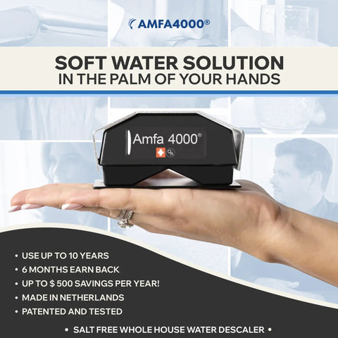 Hand holding Amfa 4000, a Magnetic Salt Free Whole House Water Softener System Descaler Tech No Salt Needed Easy Install Compact Home Water Conditioner for Hard Water Reduces Limescale In Pipes Heaters And Appliances With A Clean Low Maintenance Setup
