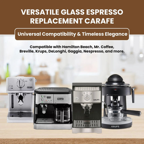 Premium 4 Cup Universal Glass Espresso Carafe Replacement For Home Brews displayed with espresso machines