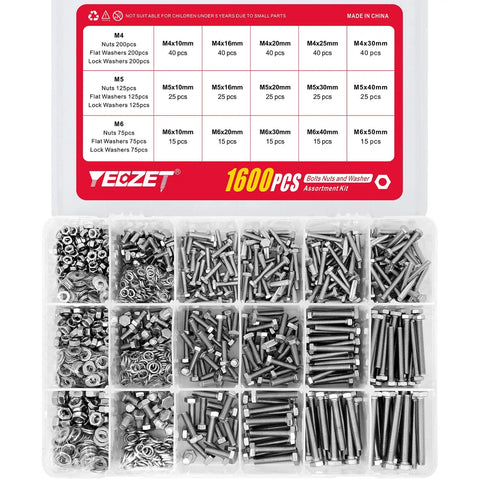 Heavy Duty Bolts And Nuts Flat And Lock Washers Set, 1600 Piece M4 M5 M6 Assortment, 15 Common Sizes, 304 Stainless Steel, Anti Rust Hardware Kit For Home, Garage And Workshop in plastic box