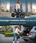 Woman lifting Beast 1500W Peak And 1000W Continuous Motor Electric Bike For Adults into car, foldable frame visible