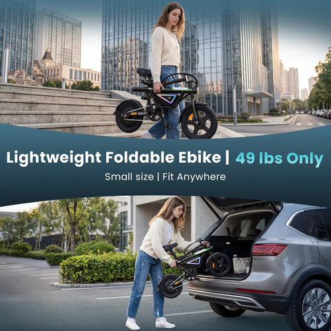 Woman lifting Beast 1500W Peak And 1000W Continuous Motor Electric Bike For Adults into car, foldable frame visible