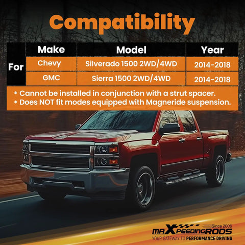 Compatibility chart for Top Shelf Front Leveling Struts For Chevrolet Silverado And Gmc Sierra 1500 Trucks 2014 2018