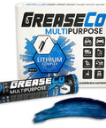 Box and tube of GreaseCo multipurpose lithium complex NLGI 2 grease, 10 pack for wheel bearings, axles, hubs, and trailers.