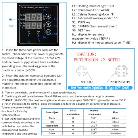 Diagram and instructions for K Type Heat Press Control Box Replacement For 15x15 Inch Heat Press With Dual Temperature And Time Display 1400W Power For Shirts Tees Mugs Cups Replacement Part Easy Install And Durable Upgrade Plug And Play.
