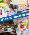 Glass Tabletop Torch Set Four Pack For Outdoor Use, colorful glass torches on tables, various settings for yard and party decor.