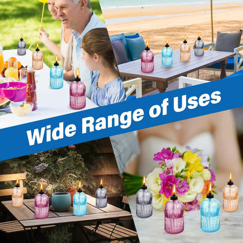 Glass Tabletop Torch Set Four Pack For Outdoor Use, colorful glass torches on tables, various settings for yard and party decor.