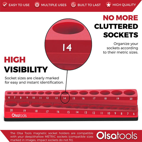 Red Magnetic Socket Organizer For 3 8 Inch Drive Metric Sockets Holds Up To 30 Sockets With Heavy-Duty Magnets and Number Markings