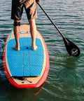 Legit Three Piece Adjustable Stand Up Paddle Board Gear With Durable Composite Blade And Secure Carry Pouch Expands From 60 To 86 Inches For Dead Easy Setup And Smooth Water Float Sessions, person paddling on water.