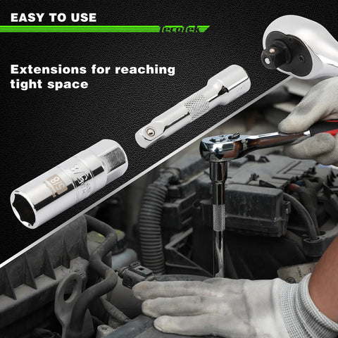 All In One 11 Piece Spark Plug Socket Set With Three Eighth Inch Drive ratchet and extensions shown in use on engine