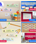 Must Have 21 Spanish Language Geography Countries Placard Label Set For Classroom Learning, shown on walls and desks.