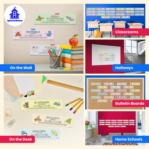 Must Have 21 Spanish Language Geography Countries Placard Label Set For Classroom Learning, shown on walls and desks.