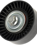 Accessory drive belt idler pulley, black plastic wheel with metal center bolt and bearing, front view