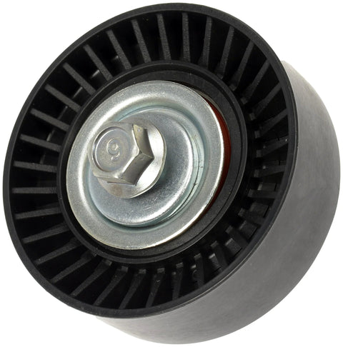 Accessory drive belt idler pulley, black plastic wheel with metal center bolt and bearing, front view