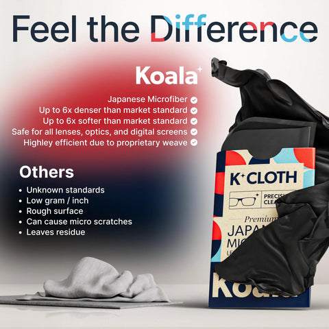 Koala Japanese microfiber lens cleaning cloths, pack of 6 in black and green for glasses and screens.