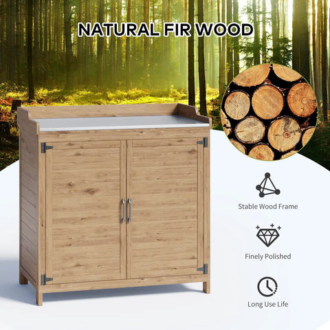 Outdoor Potting Bench With Metal Tabletop And Double Doors Garden Work Bench For Backyard Patio And Lawn, weatherproof fir wood