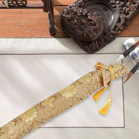 Silk Brocade Carrying Bag With Tassel 53 Inch Sword Case for Katanas and Tai Chi Broadswords in floral gold dust design