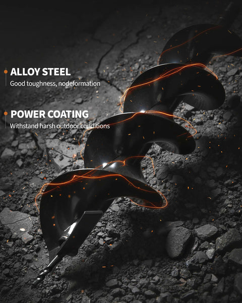 Close-up of alloy steel auger bit for Gas Powered Post Hole Digger With 43cc 2-Stroke Engine in tough soil showing power coating.