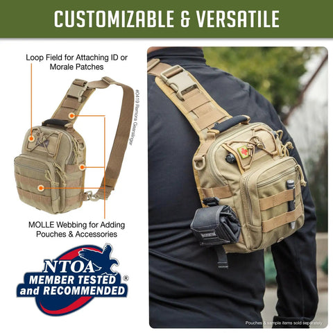 Streetwise EDC Tactical Sling Bag With Discreet Concealed Carry Pocket And PALS Modular Straps crafted from heavy duty khaki nylon, showing MOLLE webbing.