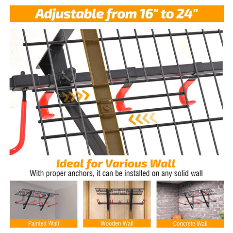 Wall Mounted Ski Rack With Dope Overhead Storage Shelf, Heavy Duty Steel Gear Organizer For Garage Or Shed with adjustable spacing