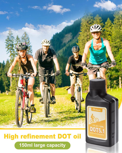 Cyclists on mountain trail with SRAM And Avid Hydraulic Disc Brake Bleed Kit With Metal Adapters And 150ml DOT 5.1 Fluid in foreground