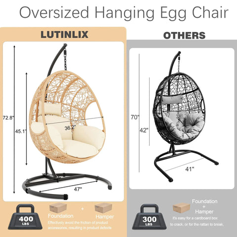 Comparison of oversized hanging egg chairs with dimensions and capacity.