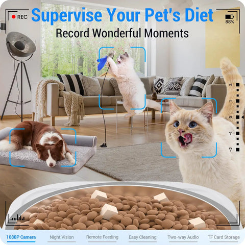 Game Changing Automatic Cat Feeder With 1080P Camera And Night Vision 5G Wifi Smart Dog Food Dispenser 7L with pets and food.