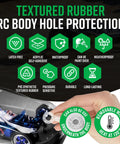 Textured rubber RC body hole protection features and hand holding a PVC synthetic textured rubber protector for durability review.