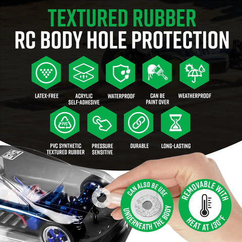 Textured rubber RC body hole protection features and hand holding a PVC synthetic textured rubber protector for durability review.