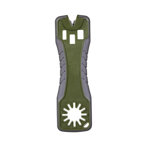 3 In 1 Broadhead Wrench And Sharpener For Archery, On The Go Grip Ready Multipurpose Tool in gray and olive, front view
