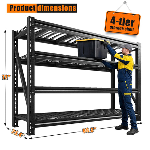 Heavy Duty 68.3 Inch Wide Garage Shelving Rack For Shop Storage, 72 Inch High, 23.4 Inch Deep Shelves To Fit Large Totes And Pallets, Space Saving Industrial Steel Shelves For Tools, Boxes, And Bins, 4-tier rack with dimensions