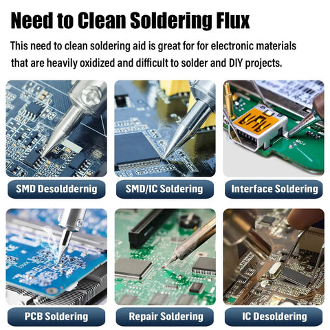 808 Solder Flux Soldering Paste 10cc 10mL used for SMD, PCB, IC soldering on oxidized electronics, needle dispensing tool visible.