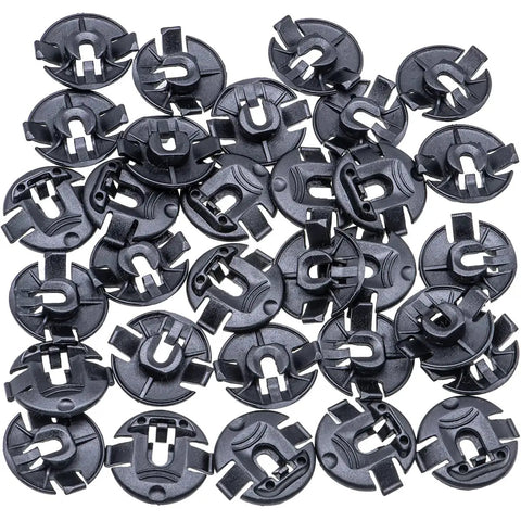 Close-up of Fender Liner Splash Shield Retaining Clips Kit 30 Pcs For Audi 4F0825429A, black nylon wheelhouse fasteners in a pile.