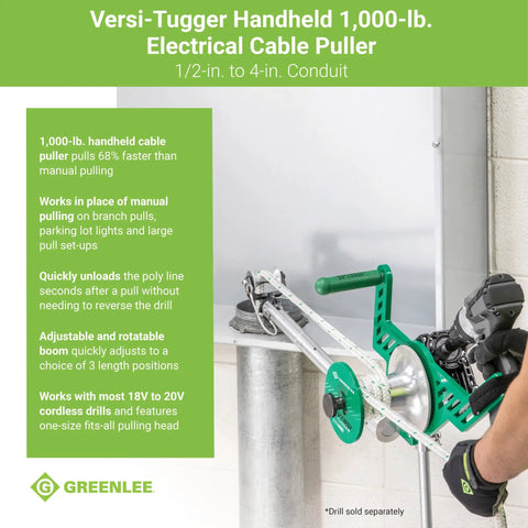 Greenlee G1 Versi-Tugger Handheld Cable Puller with adjustable boom for quick electrical wiring jobs with 68% faster speed.