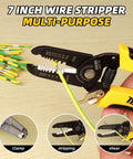 Close-up of a 10-22 AWG Wire Stripper Cutter and Multi-Function Hand Tool stripping insulation from a wire, featuring a professional handle.