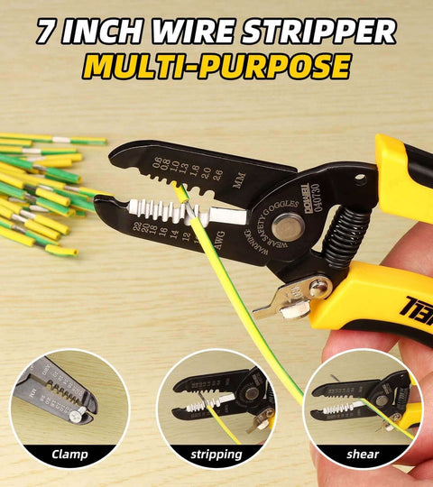 Close-up of a 10-22 AWG Wire Stripper Cutter and Multi-Function Hand Tool stripping insulation from a wire, featuring a professional handle.