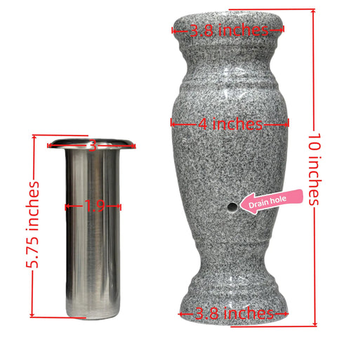 Real Granite Flower Vase With Stainless Steel Inner For Home Decor And Gravesite Memorials Durable Outdoor Garden Lawn And Yard Display 4 By 4 By 10 Inches Gray 633 shown with dimensions