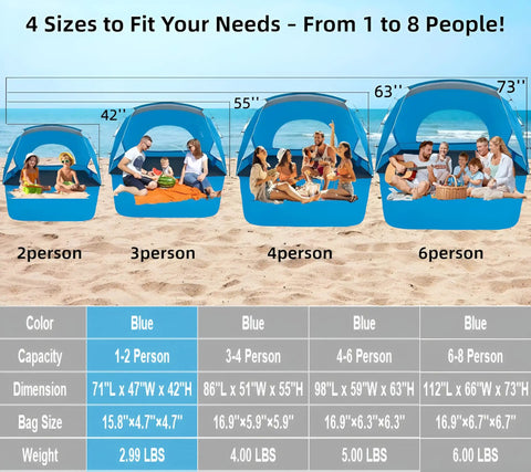 Portable Beach Sun Shelter For Families And Groups, Grab And Go Easy Setup Cabana Tent With UPF 50 Plus UV Protection, 4 size options