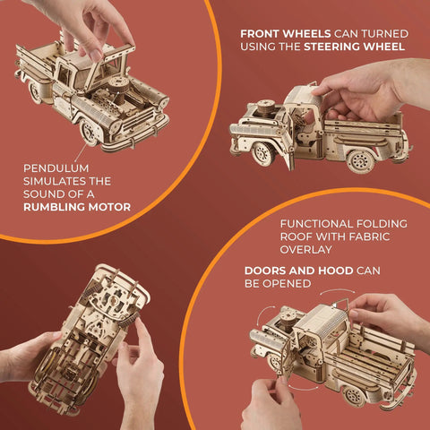 Chevrolet 3100 Inspired Wooden 3D Puzzle Car Kit For Adults With Spring Motor Pickup Lumberjack Model, open doors and hood