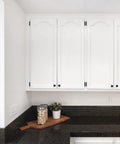 White kitchen cabinets with Half Inch Overlay Black Cabinet Hinges for Face Frame Cabinets Self Closing Semi Concealed.