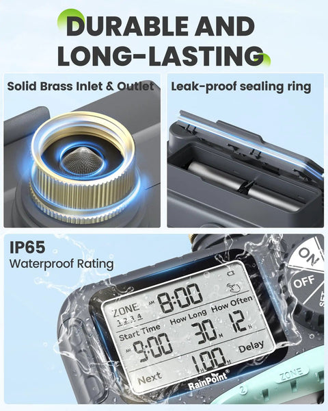 Digital display of Four Zone Sprinkler Timer with programmable start times, brass inlet, and waterproof rating.
