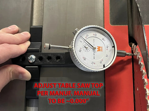 Professional Table Saw Alignment Gauge Pins Blade And Fence Square And True For Miter Slot Calibration Knockout Precision Shop Tool in use adjusting table saw.