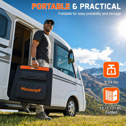 Man holding 200W Portable Solar Panel Foldable Charger With ETFE Laminate for camping and RV next to camper van