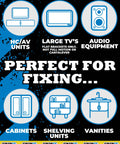 Illustration showing uses for heavy-duty drywall anchors: AV units, TVs, audio equipment, cabinets, shelves, and vanities.