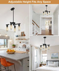 Sleek Modern Black Four Light Farmhouse Chandelier Featuring Crisp Cylindrical Glass Shades Fully Adjustable Height Industrial Pendant Fixture in a kitchen.