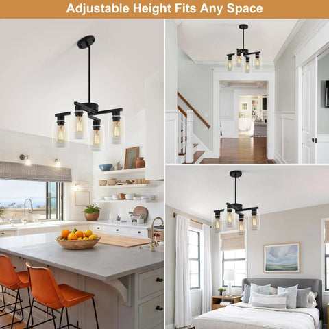 Sleek Modern Black Four Light Farmhouse Chandelier Featuring Crisp Cylindrical Glass Shades Fully Adjustable Height Industrial Pendant Fixture in a kitchen.