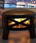 Heavy Duty Portable 26 Inch Steel Fire Pit With Grill Grate And Spark Screen, 360 Degree Airflow Boost, Patio Setup