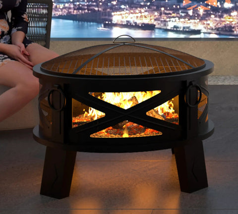 Heavy Duty Portable 26 Inch Steel Fire Pit With Grill Grate And Spark Screen, 360 Degree Airflow Boost, Patio Setup