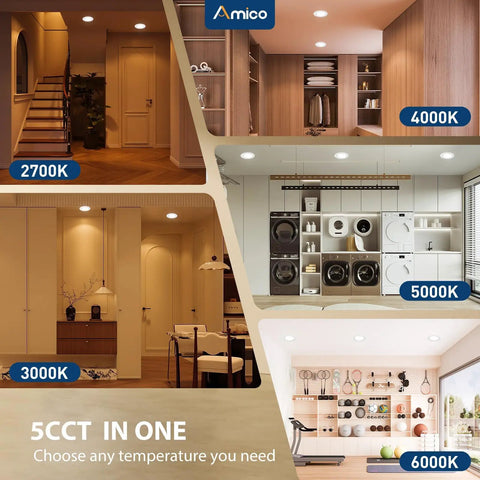 5 To 6 Inch LED Recessed Can Lights With PIR Motion Sensor, 5CCT, Auto On Within Ten Feet And Auto Off After Thirty Or One Hundred Twenty Seconds, No Sweat Install, 1 Pack installed in room scenes with 2700K to 6000K lighting